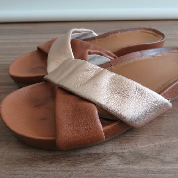 COLE HAAN Arielle Cross Over Slide Sandals in Gold Tan Leather Minimal Size 8.5 - Picture 2 of 15